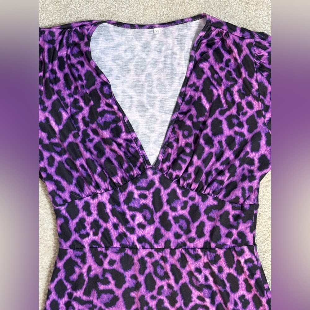 Purple Leopard Print Ruched Bodycon Dress | Long Sleeve Party Dress M - Picture 3 of 8